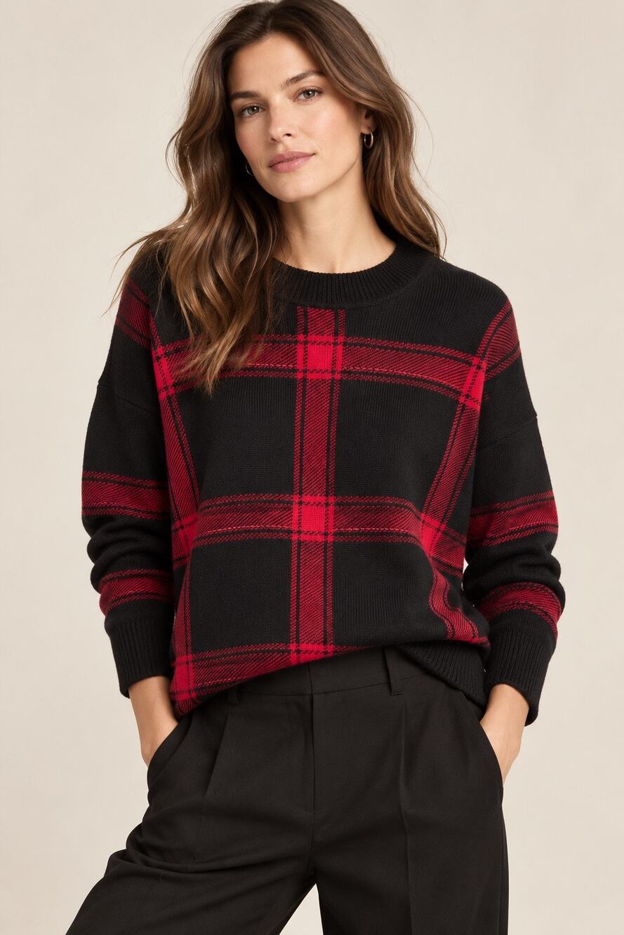 Banana Republic Crew Neck Check Sweater Red Black Petite XS